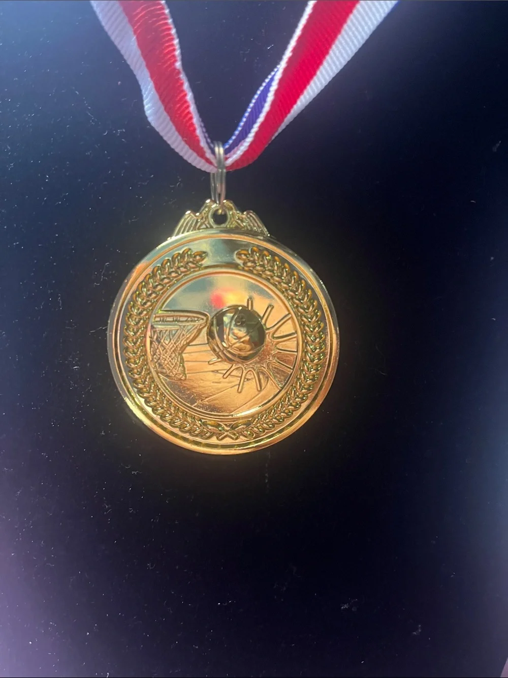 Gold Basketball Medal with Red, White & Blue Ribbon great for kids team